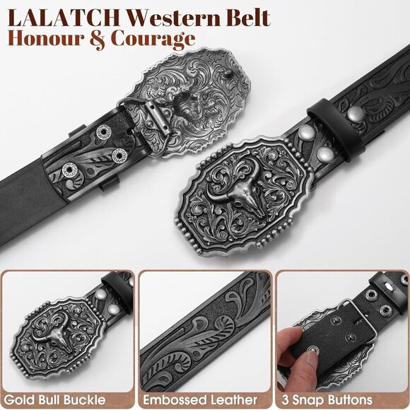 Western Belts for Woman Men, Cowboy Cowgirl Belt Embossed Western Country Bull B - Picture 5 of 9
